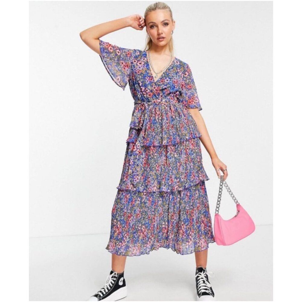 Asos Tiered Pleated Flutter Lined  Pixie Floral Cottagecore Prariecore Dress 6